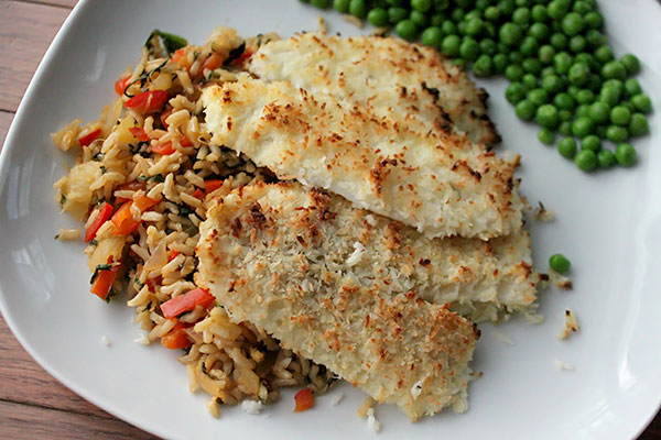 Coconut-crusted sea bass over pineapple rice