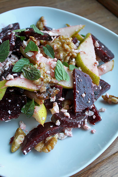 Pear, beet and goat cheese salad