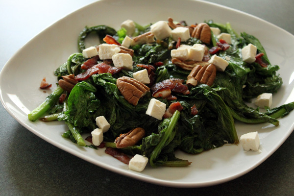 Warm Chinese Mustard Salad with Bacon, Pecans and Feta