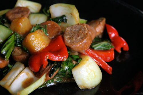 Sausage stir-fry with Chinese mustard and pineapple