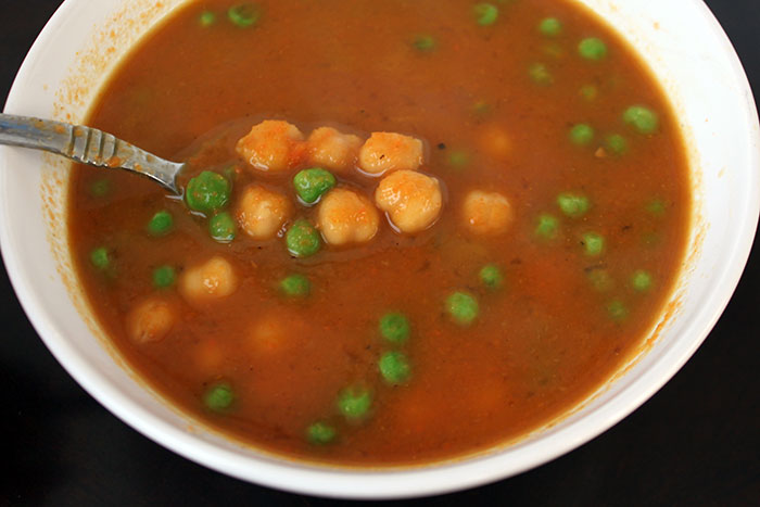 Chickpea and Pea Soup in Ginger and Carrot Broth