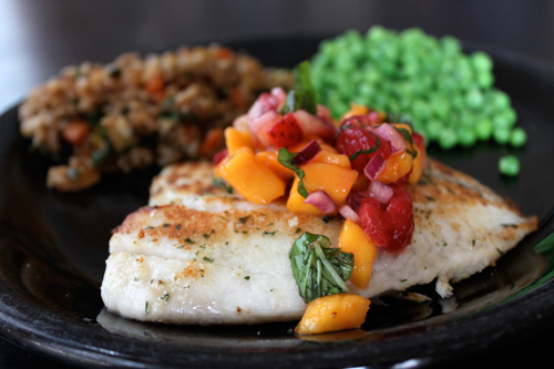 Tilapia with mango and strawberry sauce